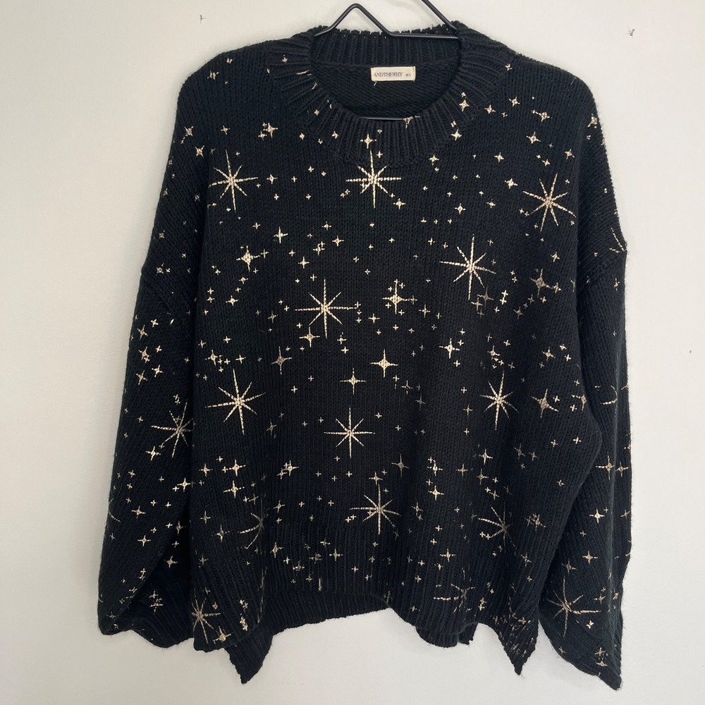 Crew Neck Celestial Print Sweater Women's M/L  Mystical Whimsical Metallic Stars